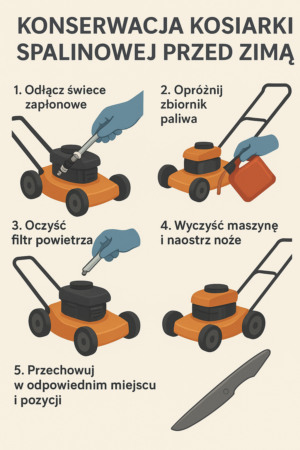 Konserwacja kosiarki po zakończonym sezonie.